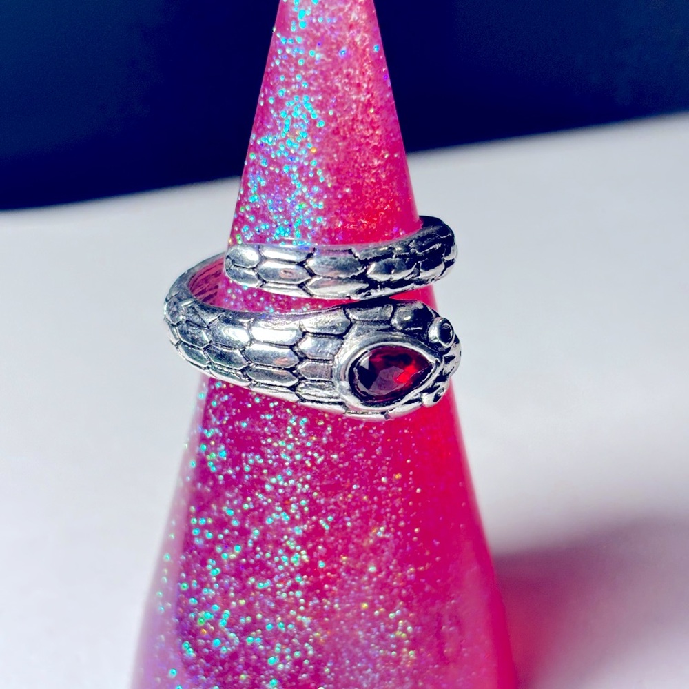 Silver Snake Ring with Red Gemstone